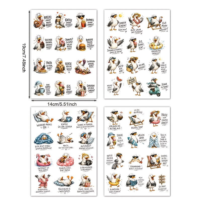 TEMU 4er-Set, Sommerurlaub Möwe Deutscher Text Muster, UV DTF Wasserdicht Kratzfestes Vinyl Material, Geeignet für Bastelarbeiten, Tassen, Flaschen,