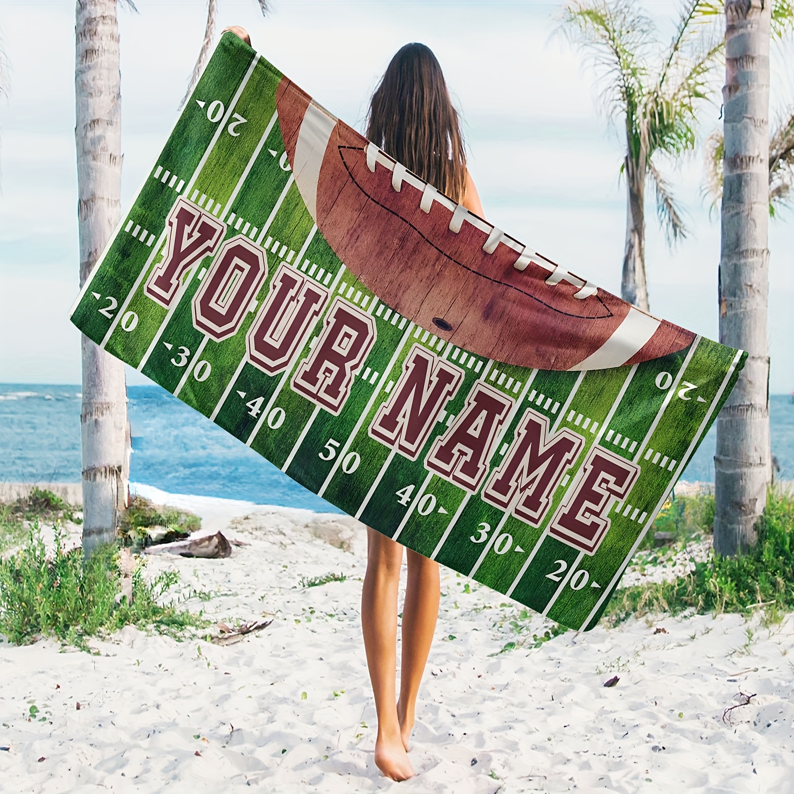 

1pc Name Customized Beach Towel, Rugby Pattern Personalized Beach Blanket, Super Absorbent & Quick-drying Swimming Towel, Suitable For Beach Swimming Outdoor Camping Travel, Ideal Beach Essentials