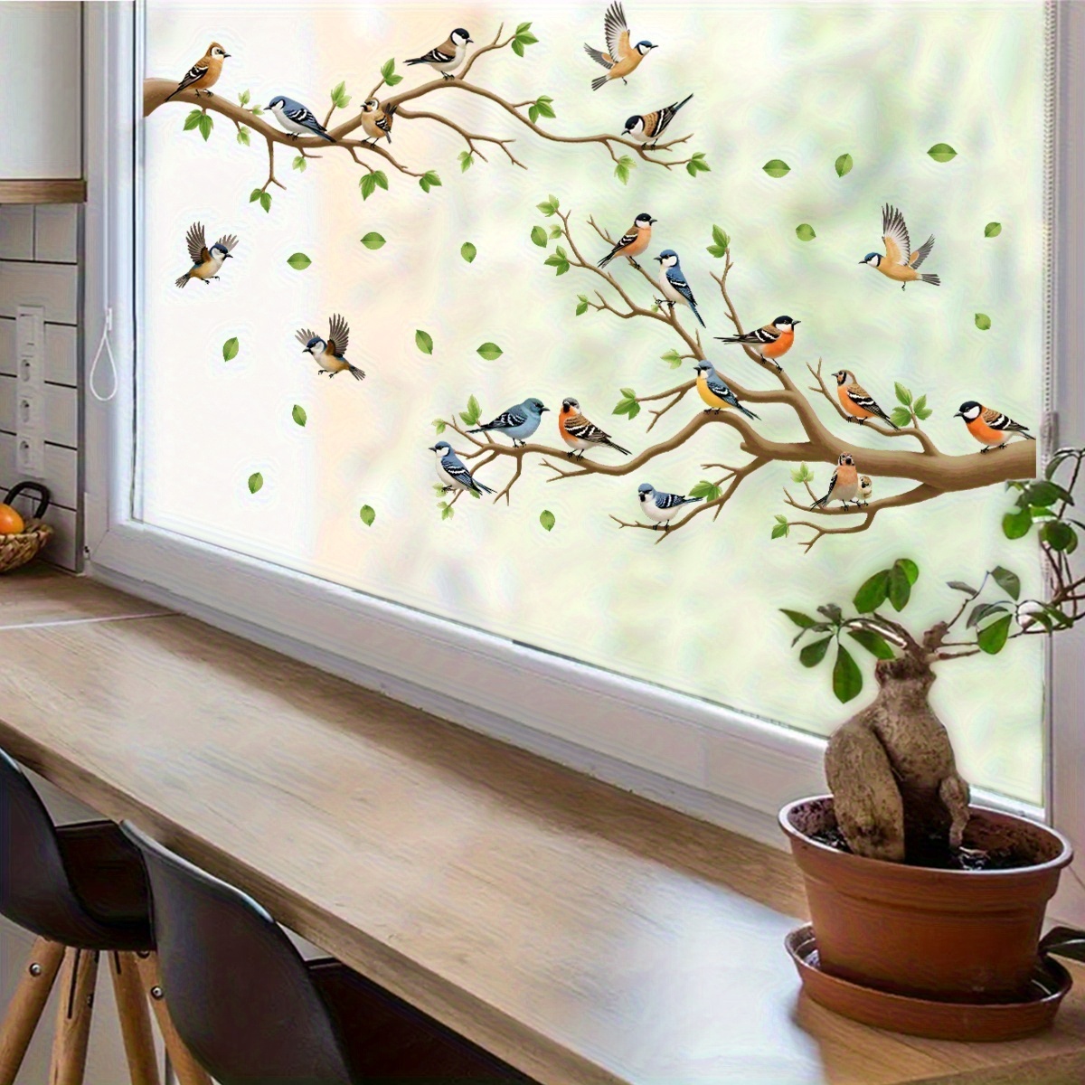 Removable Self-adhesive Bohemian Birds & Branches Temporary Wallpaper & Window Clings - Decals With Branches, Semi-matte Vinyl Stickers For Home Decor, Easy & Stick ( Thickness)
