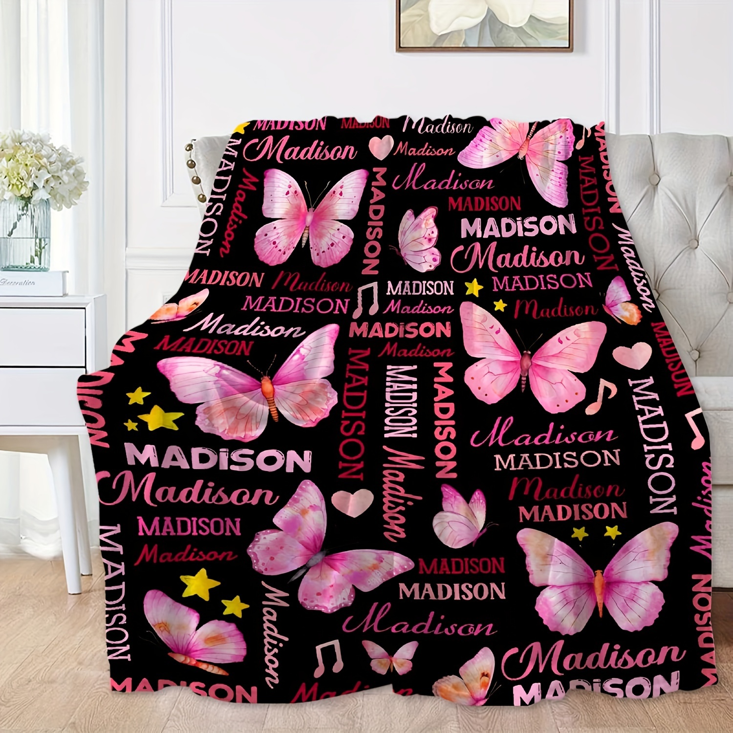 

Custom Name Soft Flannel Throw Blanket - & Star Design, Perfect For Christmas, Birthdays & All-season Gifting - Ideal For Couch, Office, Outdoor Camping & Beach