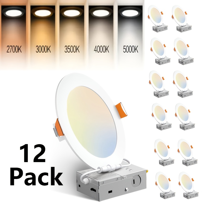TEMU Led Recessed Ceiling Light, 12-pack 6-inch Ultra-thin Recessed Kitchen Lighting, Dimmable Led Can Light With Junction Box, Temperatures, High