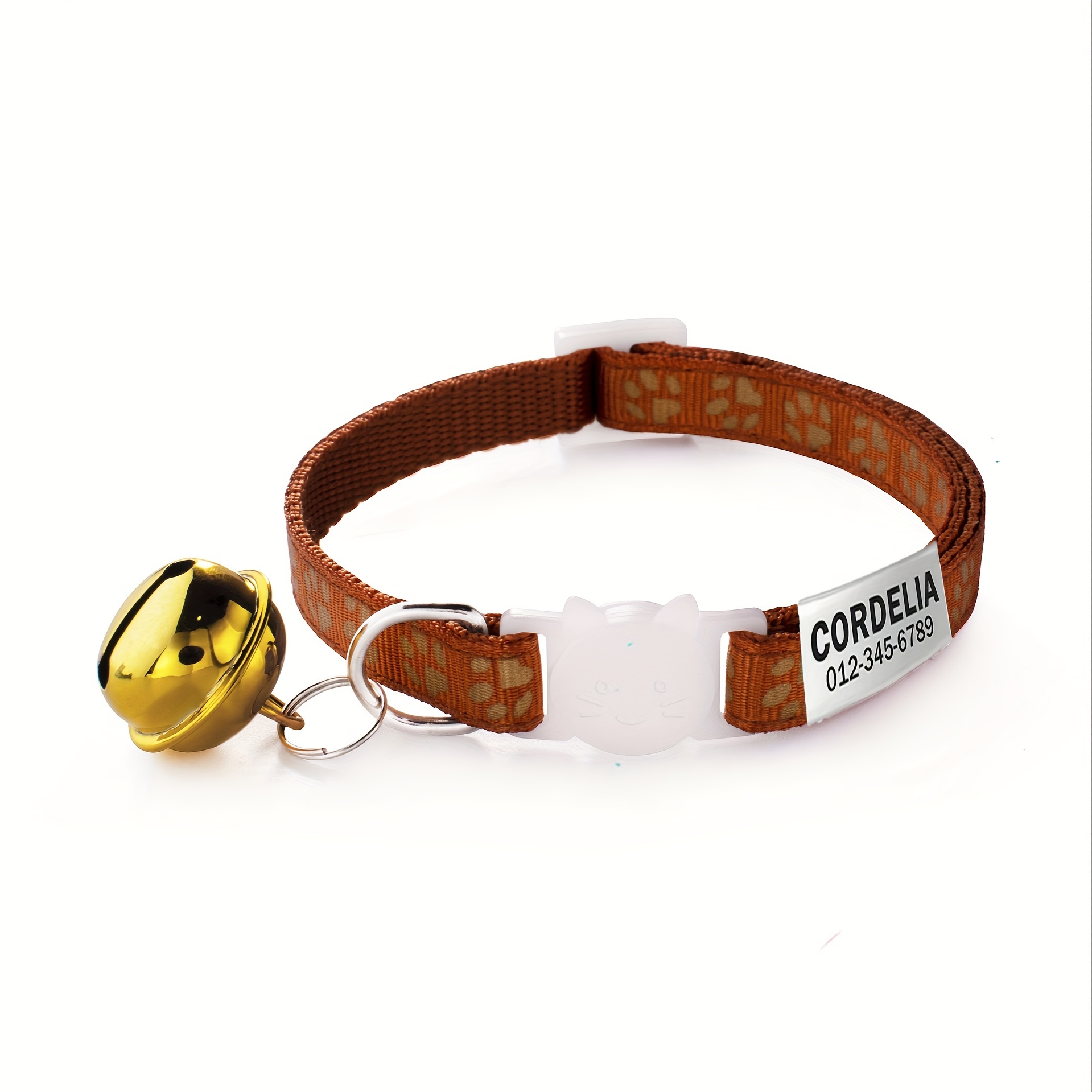 TEMU Customized Personalized Cat And Dog Collars With Cute Golden And A Large Bell, Featuring Engraved Names And Phone Numbers On Id Tags - For Pets,