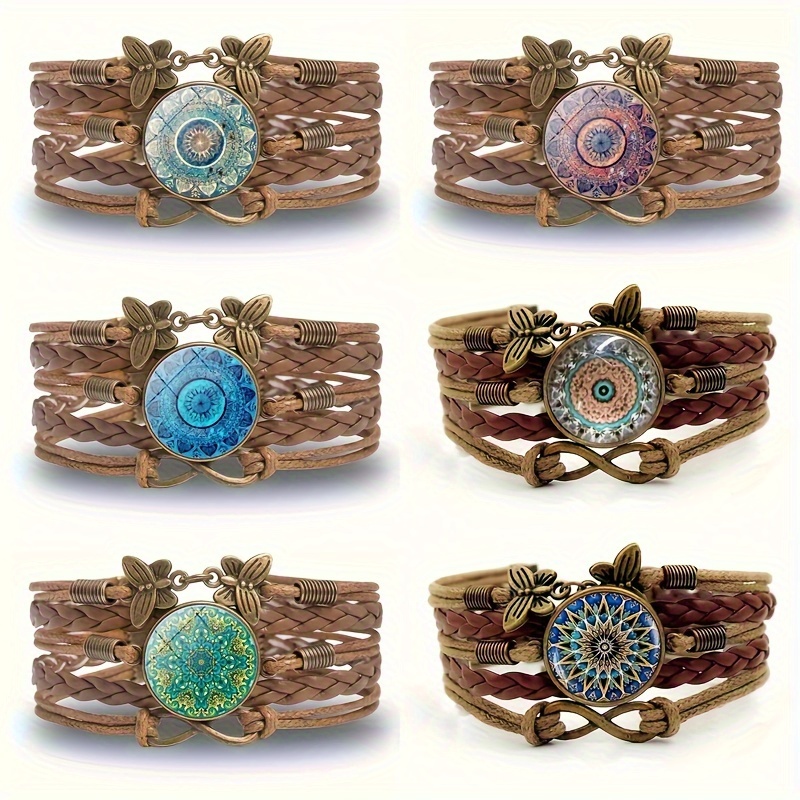 

Bracelet Mandala vintage : Charme papillon bohémien, chaîne à main en cuir PU à 8 brins pour femmes - Cadeau de vacances, à porter au quotidien