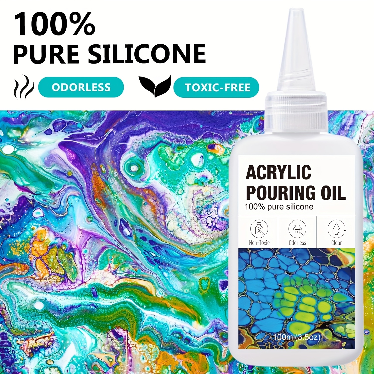 Image of Silicone Pouring Oil In 3.5oz, 7oz, And 10.5oz Sizes - Ideal For Unique Cells In Acrylic , This Silicone Oil Is Compatible With Acrylic And Watercolor Paints, Serving As An Effective