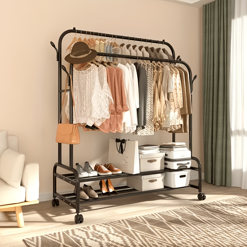 Durable Metal Hanger With Double Poles And Wheels, Equipped With Shelves And Hooks, A Multifunctional Wardrobe Solution Suitable For Independent Metal Hangers In Bedrooms, Laundry Rooms, And Living Rooms.