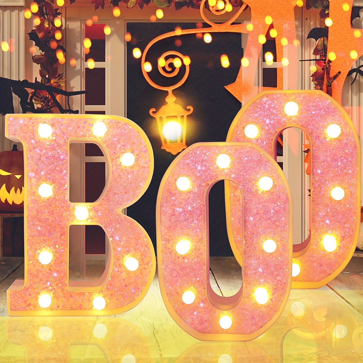 

3-piece Pink Led 'boo' Sign Set - Halloween Decor With Light-up Letters For Indoor & Outdoor Use, Perfect For Kitchen, Fireplace, And Party Tabletop