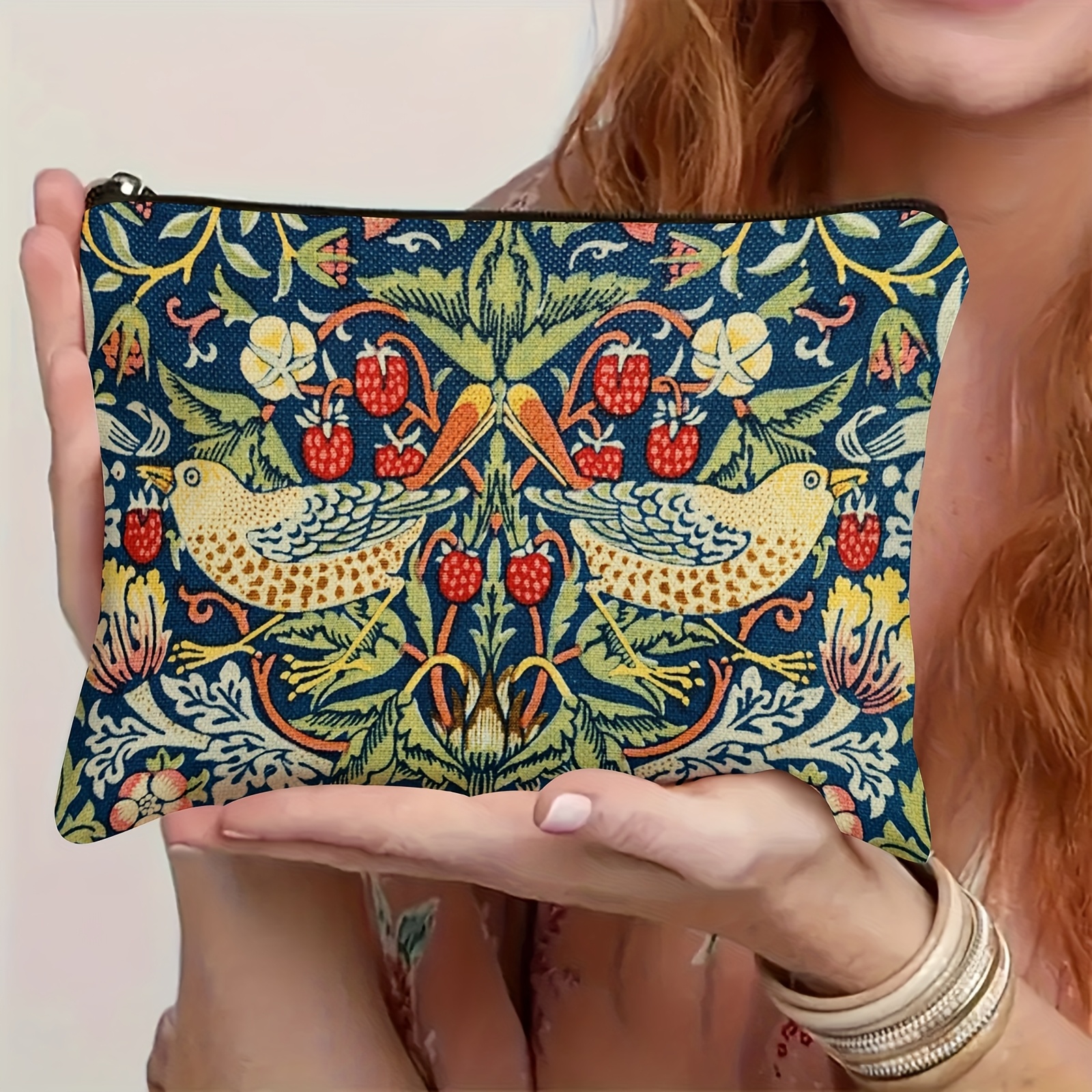 TEMU 1pc William 'strawberry ' Floral And Birds Pattern Zipper Pouch - Vintage Victorian Style Makeup Bag, Travel Cosmetic Organizer, Wallet -