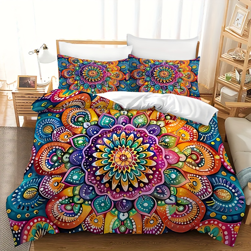 TEMU 3pcs Duvet Cover Set, 1 Duvet Cover And 2 Pillowcases, Colorful Mandala Art Pattern Print, /full/queen/king, Suitable For All , Farmhouse
