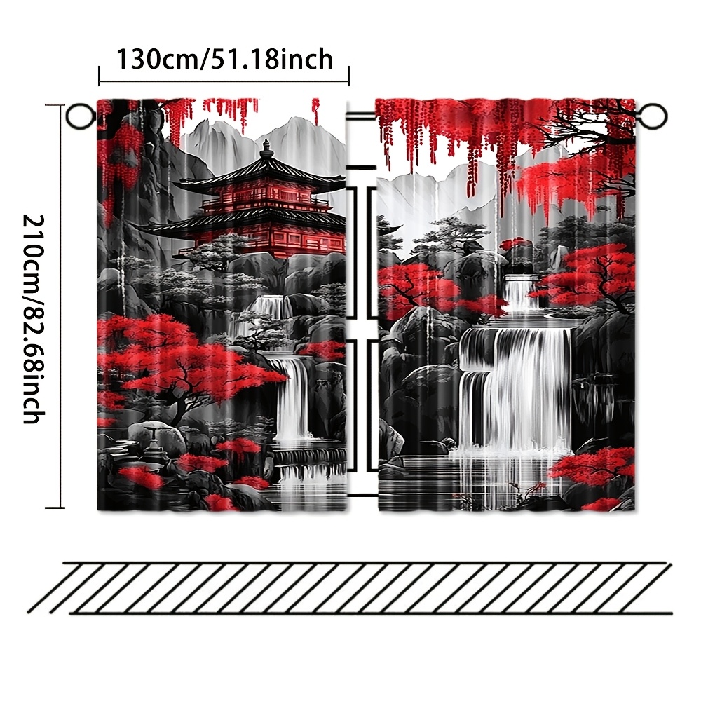 TEMU Ensemble de 2 rideaux d'art de l'encre de paysage japonais traditionnel, semi-transparents, style à poche pour tringle, lavables en machine,