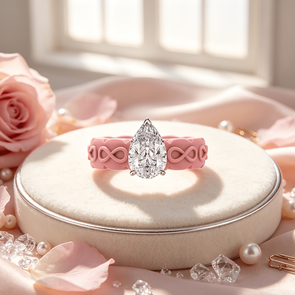 Pink Teardrop-Shaped Zirconia Silicone Ring, Anniversary Gift