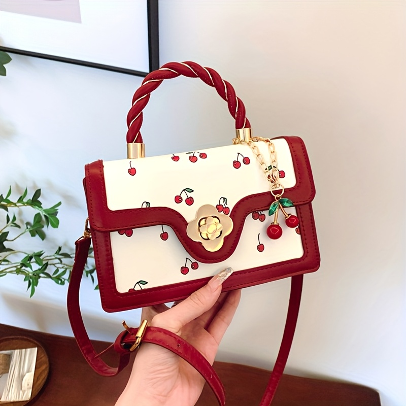 

Elegant Women's Cherry Print Leather Handbag - Square-shaped Crossbody & Shoulder Bag With Braided Handle, Detail, Shopping & Dating