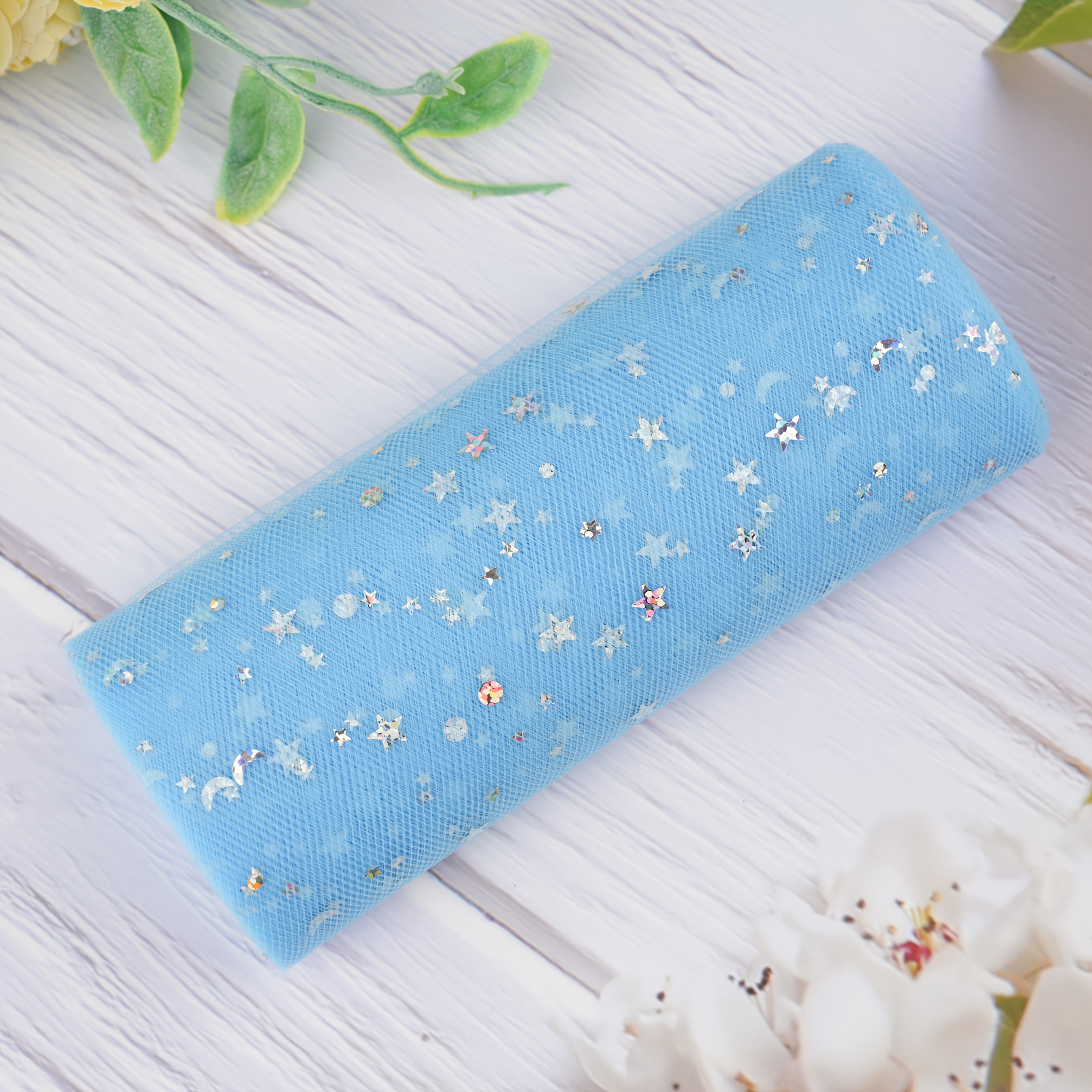 Image of 1pc Glitter Tulle Rolls, 6 Inch By Star And Moon Sparkling Tulle, Tulle Fabric Sequin Tulle Spool Fabric For Wedding Party Birthday Gift Box Packaging