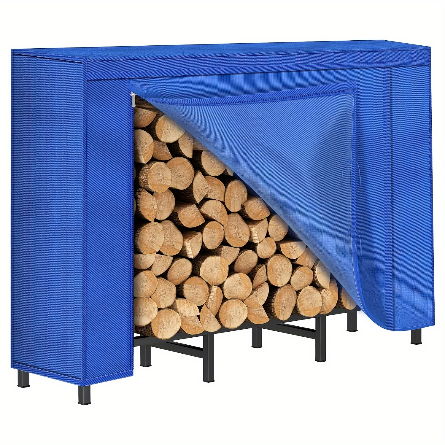 

4ft Firewood Rack Outdoor With Cover Combo Set Waterproof For Wood Storage, Adjustable Stand, Heavy Duty Holder For Fireplace Metal Lumber, Blue