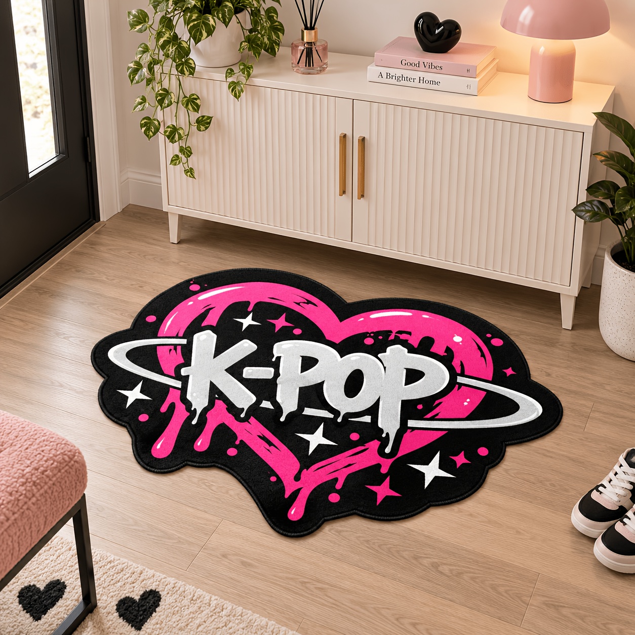 TEMU Tapis de irrégulière à motif de cœurs roses et de lettres K-POP, tapis de sol décoratif de style graffiti sur le thème de la musique avec de
