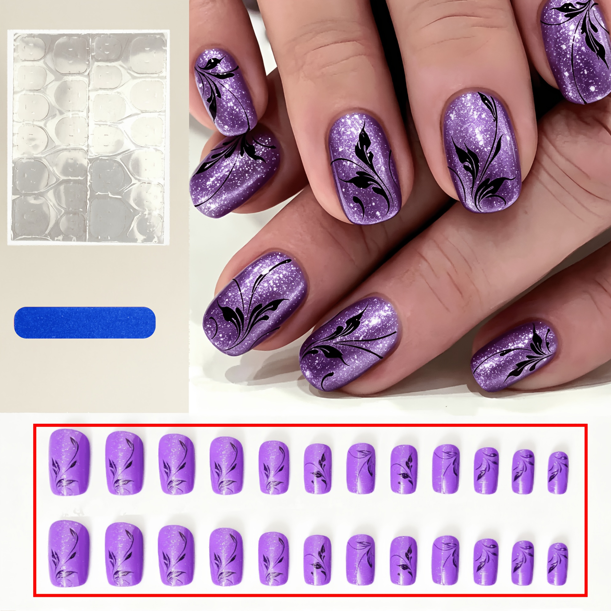 TEMU 24pcs Faux Ongles Violets à Paillettes à Pression, Ongles Carrés Courts avec Motif Tourbillon Floral Noir, Kit de Nail Art Brillant à Couverture