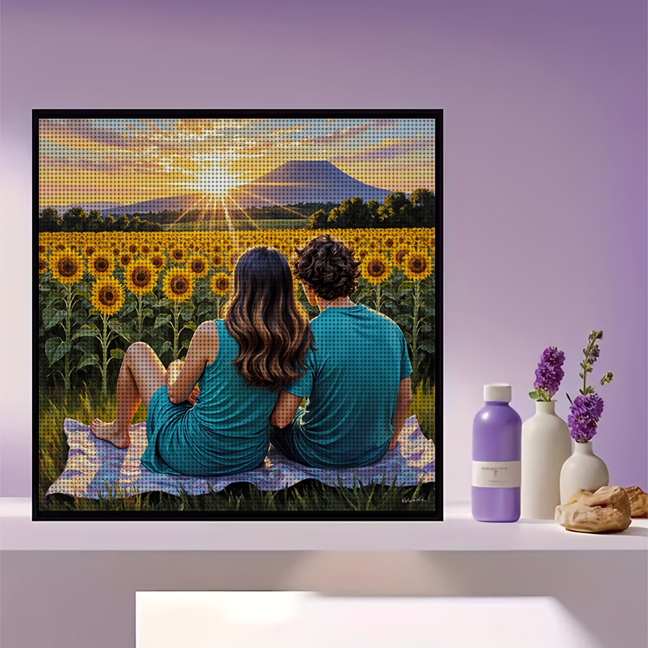 DIY Cross-Stitch Printed Kit "Two People in a Sunflower Field" for Beginners