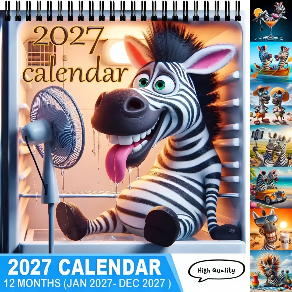 TEMU Calendrier mural 2027 avec figurine de zèbre amusante, 12 mois, calendrier mural à spirale humoristique 3D avec de zèbre de style dessin animé,
