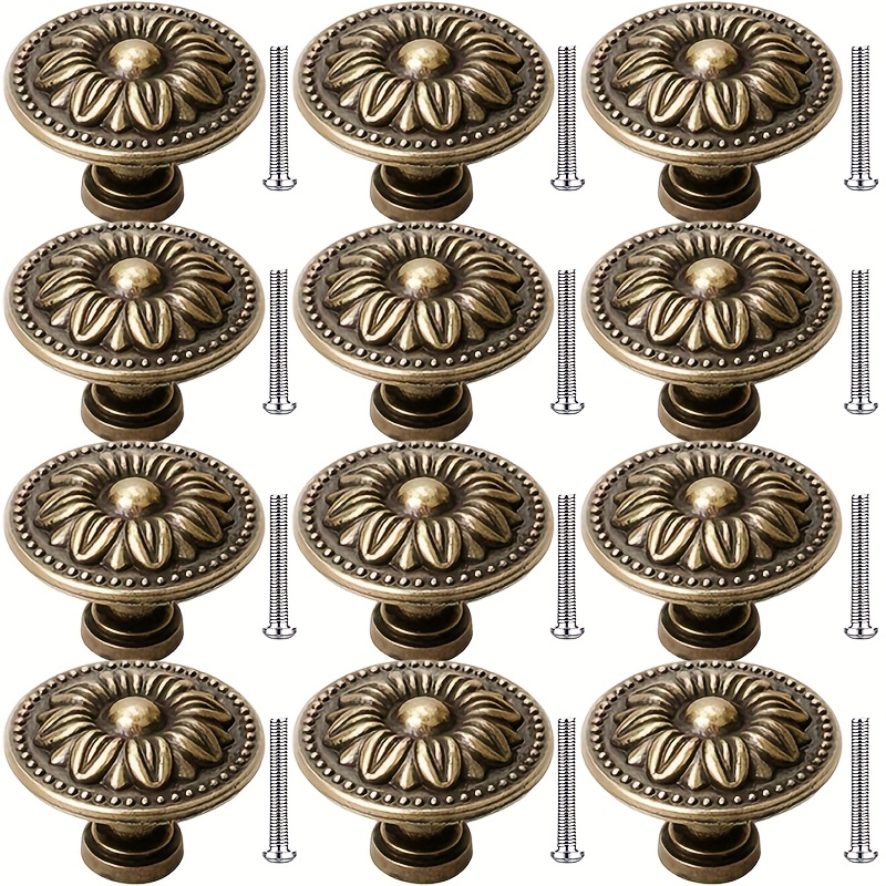 Image of 12pcs Antique Bronze Cabinet Handle Pulls, Vintage Rustic Knobs, *1.38 Inches, For Cabinet, Closet, Dresser, Bathroom, With Included Components, With Screws