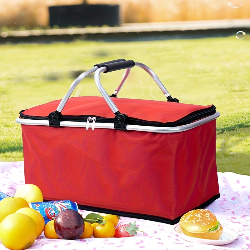 

Foldable Nylon Picnic Bag, Insulated Lunch Tote For , Portable Food Cooler Basket With Handle - Black