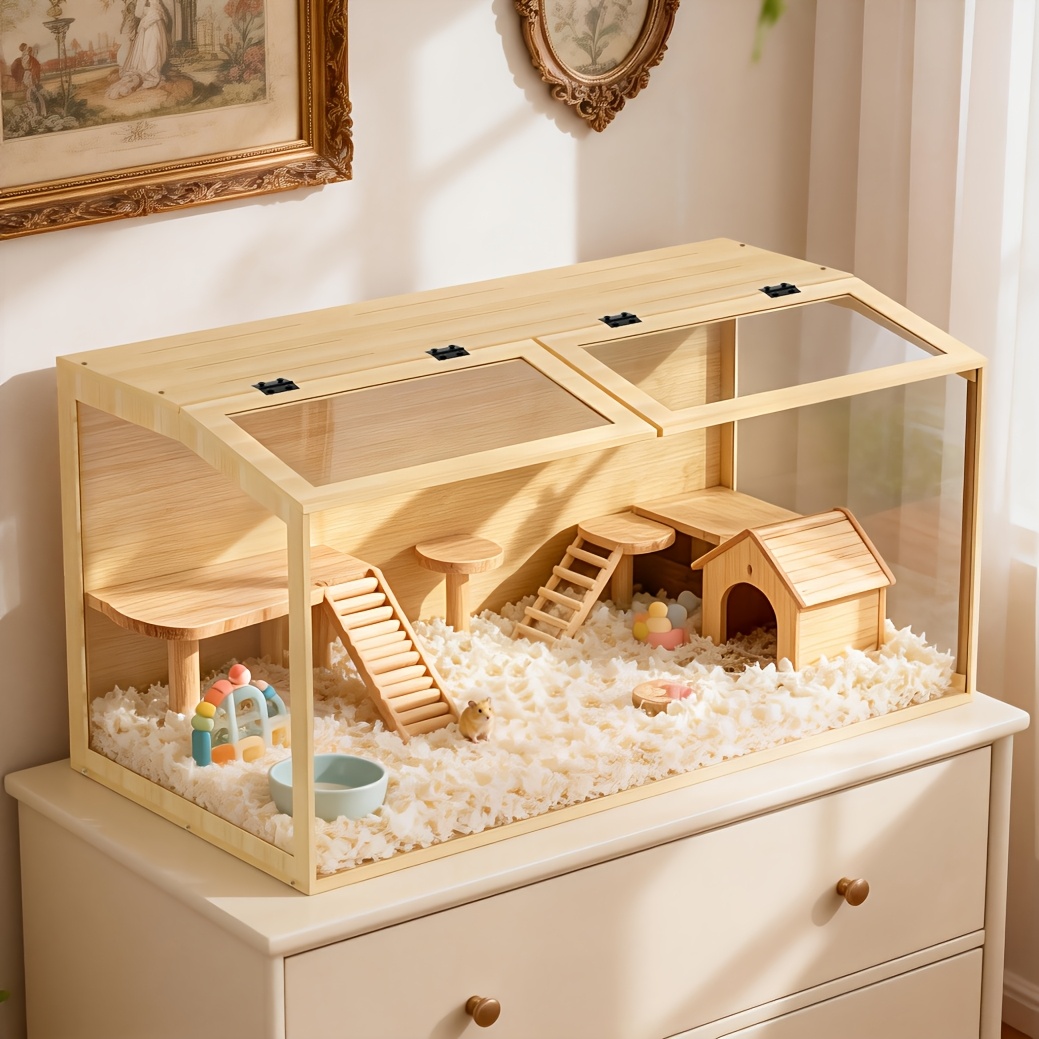 Image of 120x60x60cm Wooden Rodent Cage, Hamster Cage, Small Animal Cage, Mouse Cage, Rat Cage, Hamster House, Tempered Glass - Suitable For Dwarf Hamsters, Hamsters, Gerbils, Hedgehogs, Mice, Without Battery