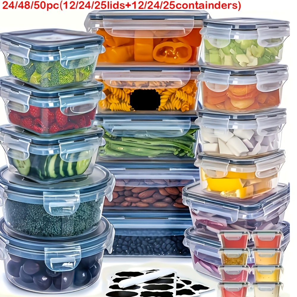 24 48 50  food storage container set high quality bpa free leak proof design   lids stackable microwave safe   12 24 25 containers 12 24 25 lids free labels and kitchen storage marker