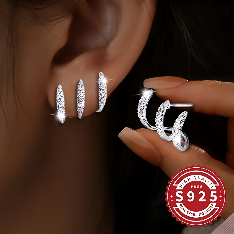 TEMU A Pair Of Ladies' Sparkling Three-claw Curved Earrings | Made Of S925 Sterling Silver, Unique And Stylish Design, Suitable For Occasions