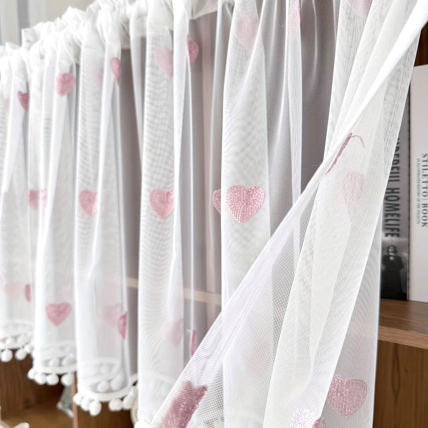 1pc Cute Pink Love Pattern Sheer Short Curtain For Small Window Cabinet Study Home Decoration Mesh Drape With Hairballs Blinds