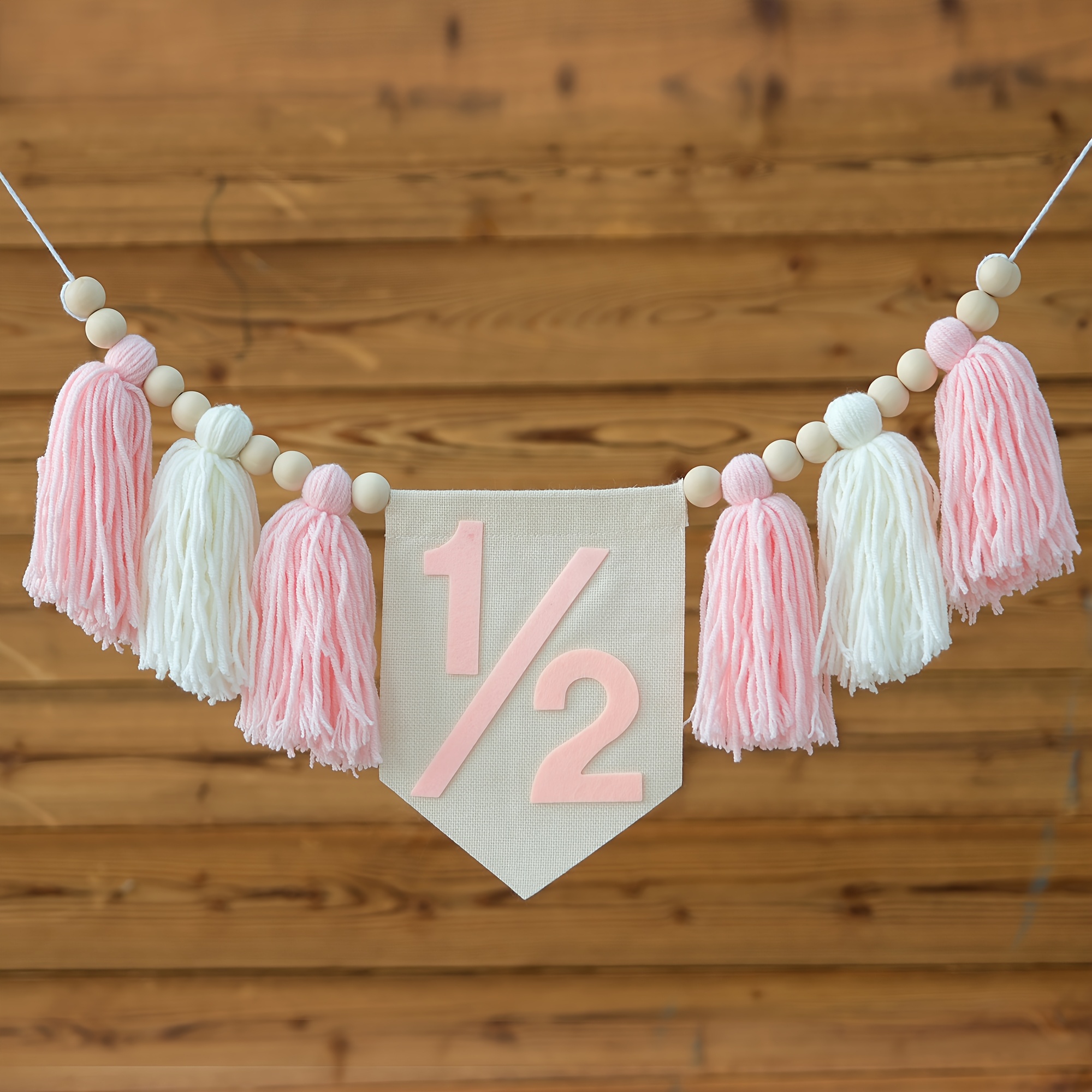 Image of Pink Tassels 1/2 Birthday Banner To 1 Girl Decorations 6 Months Birthday High Chair Banner Photoshoot Props Photo Props