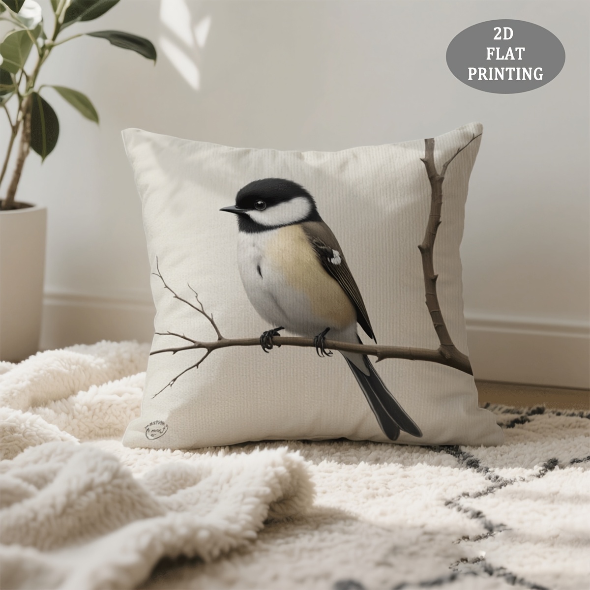 TEMU Housse de coussin décorative 1 pièce, Taie d'oreiller en peluche courte avec motif d'oiseau perché sur une branche, 18x18 pouces, rembourrage,