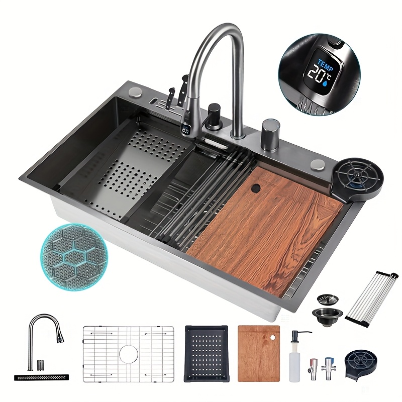 TEMU 33x22 Black Waterfall Kitchen Sink Smart Workstation Sink With Faucet Combo 304 Stainless Steel Drop In Single Bowl Multifunctional Sinks