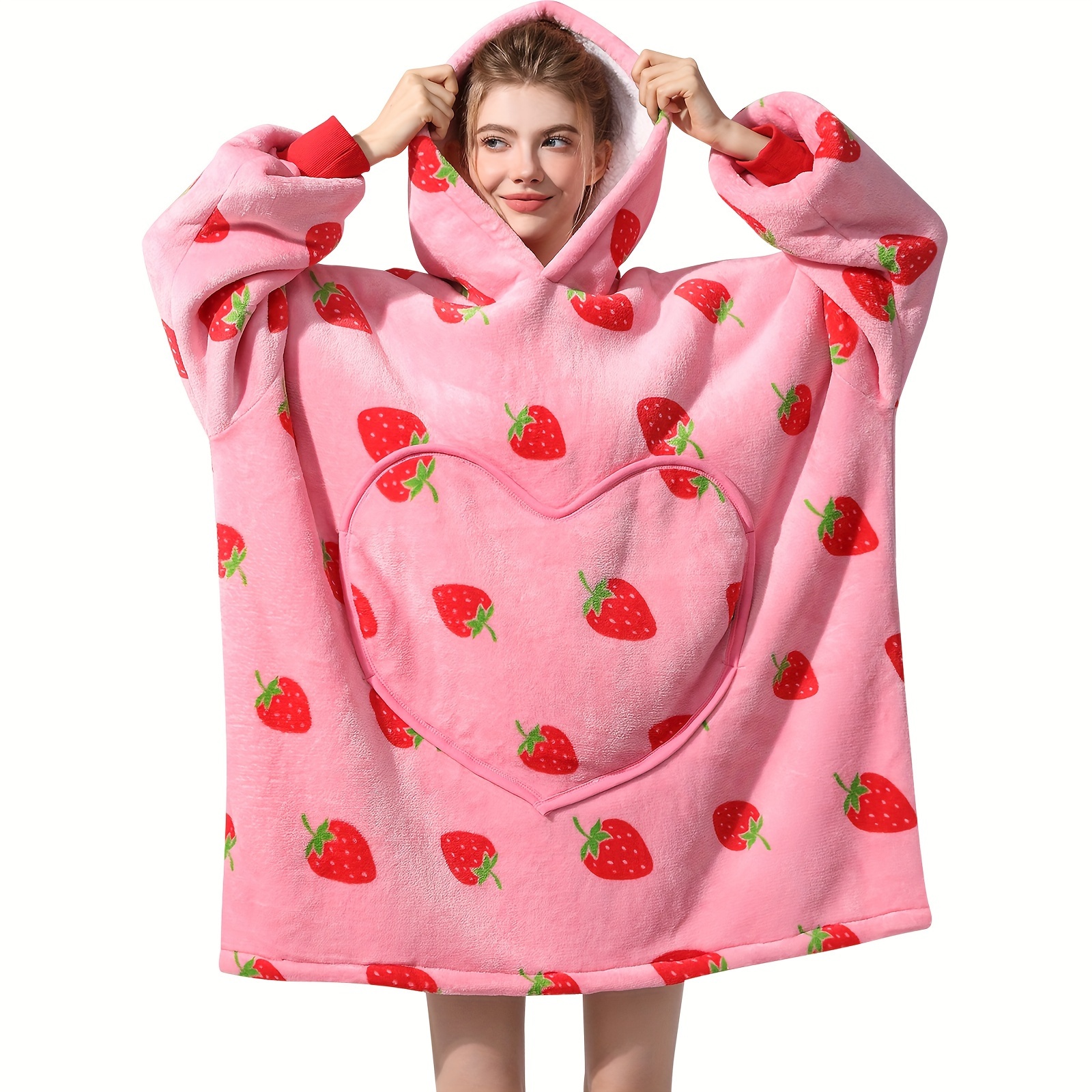 

Woven Texture| Cozy Strawberry-print Fleece Hooded Blanket For Adults - Oversized, Warm & Soft, , Fits All, Lounging & Cold Weather, Machine Washable, Fleece Blanket