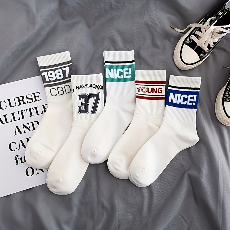 TEMU 5 Pairs Number & Letter Socks, Sports College Style Mid Tube Socks, Women's Stockings & Hosiery