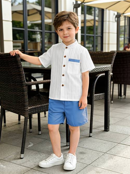 boys summer casual shorts set white button front shirt t shirt caramel colored woven shorts set lightweight comfortable versatile and trendy childrens sportswear suitable for outdoor sports and daily wear an