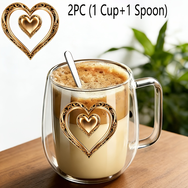 TEMU 2pcs,insulated Double-walled Borosilicate Reusable,1pc Glass Cup With Handle,and 1pc Spoon,large Capacity Clear Coffee Mug For Beverages Drinks