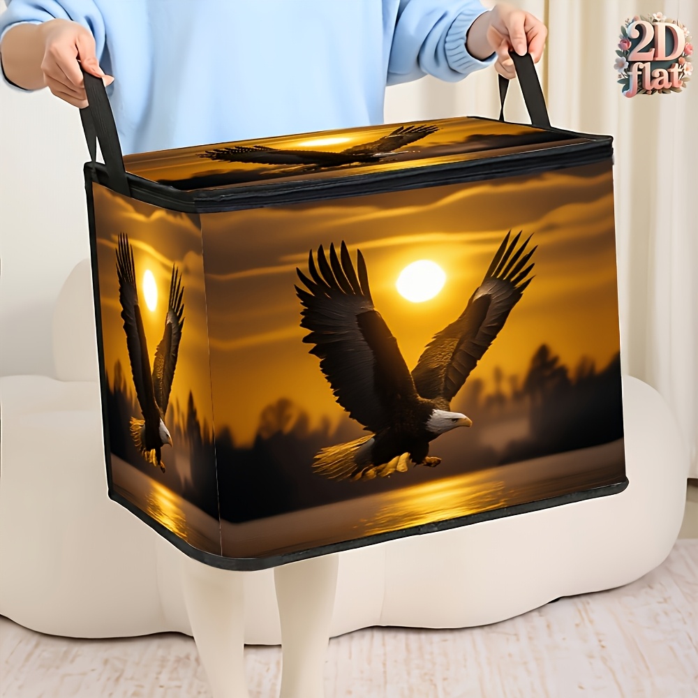 TEMU Opbergmand met capaciteit en opvouwbaar deksel met een klassiek stripfiguurpatroon van een vliegende boven een meer met zonsondergang, 2D plat.