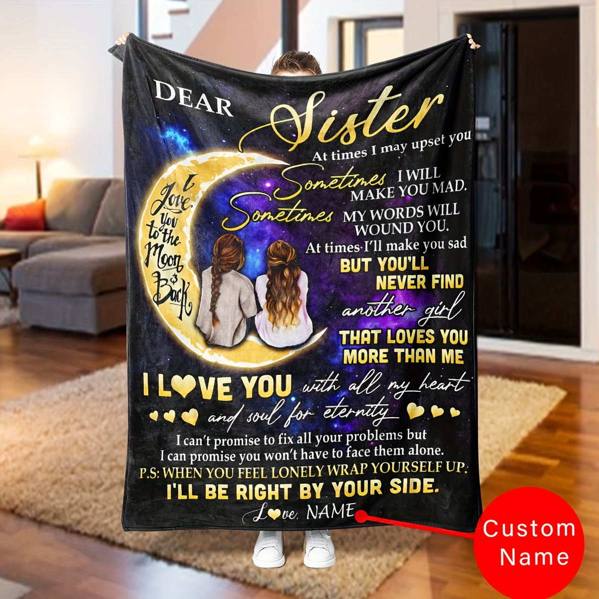 

Custom Sister Blanket - 'i Love You With Heart' Personalized Throw, Birthdays, Christmas & Graduation Gifts, Soft Flannel, Machine Washable, Black