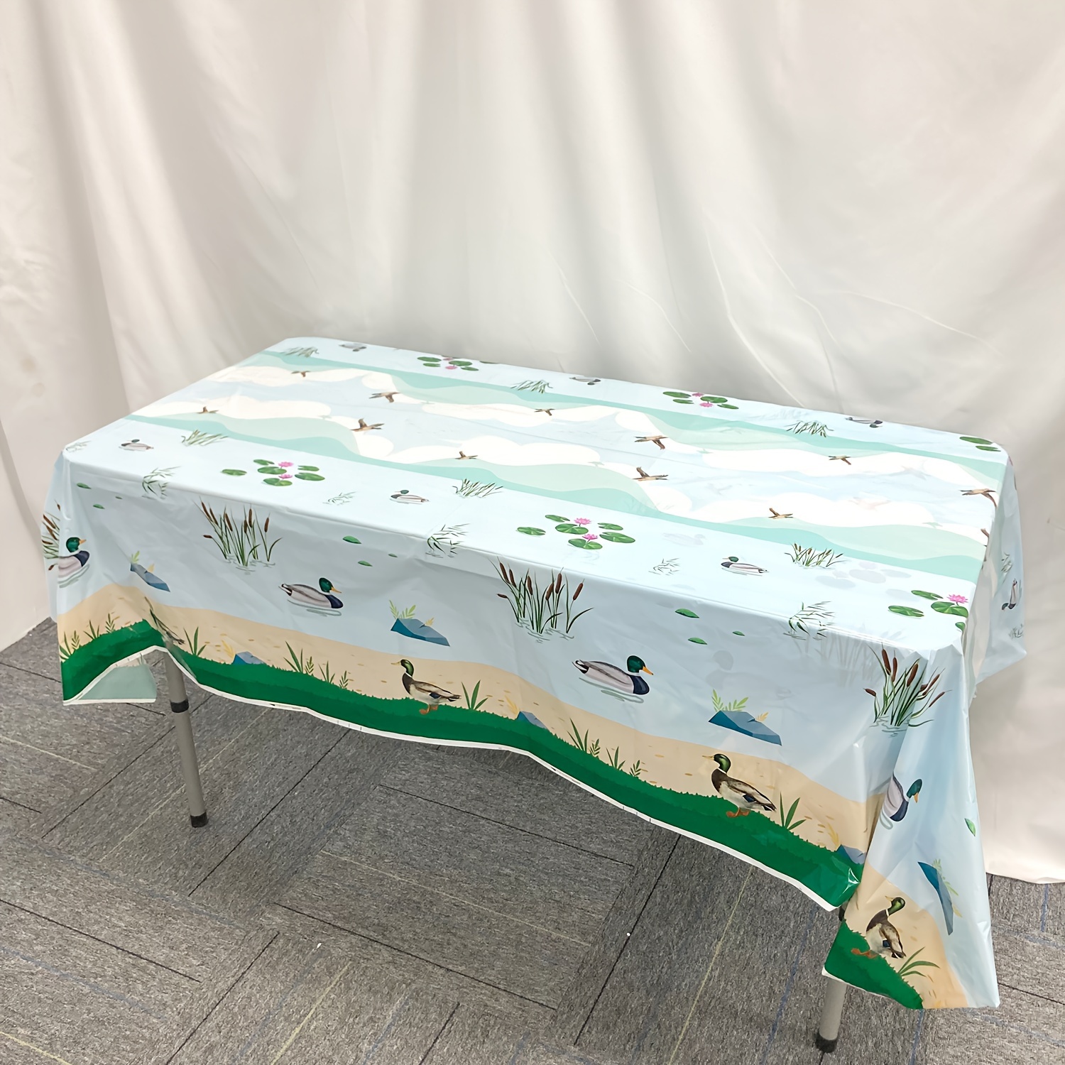 

Duck Pond Theme Disposable Plastic Tablecloth, 1pc, 137x274cm, Machine Made Table Cover For General Use And Parties, Versatile Pattern, All-occasion - Waterfowl And Reeds Design