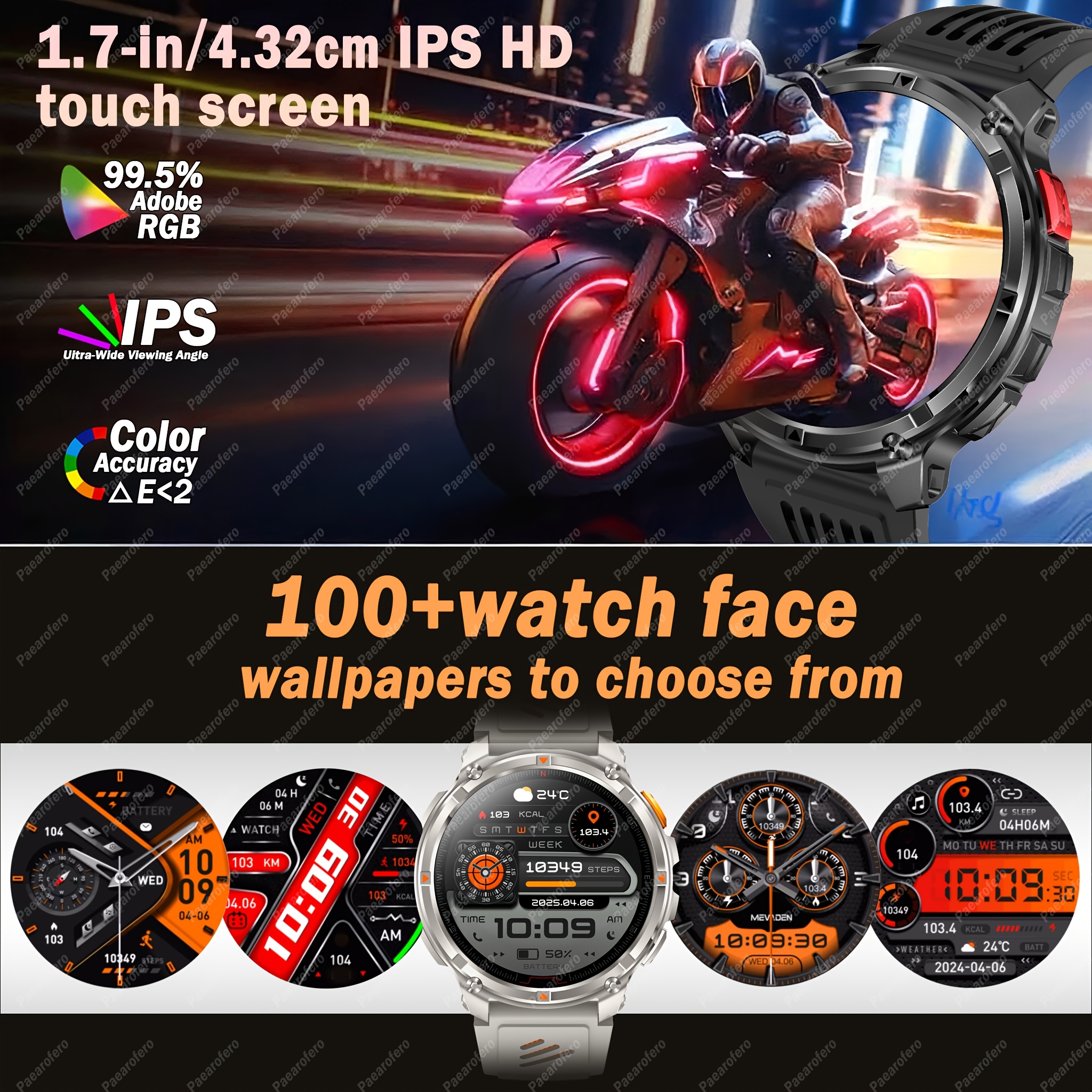 La nouvelle montre connectée 2025 avec batterie grande capacité 1100mAh, appels sans fil, notifications de messages, navigation par boussole et divers petits outils comme secondeur, réveil, lampe torche, météo, calculatrice, minuterie, podomètre calorique, 120+ modes sportifs et 100+ fonds d'écran.