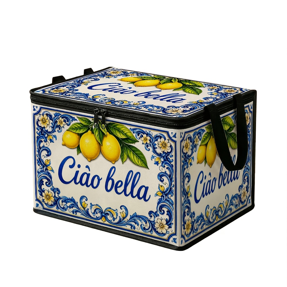 TEMU 1pc Mediterranean Vintage Lemon Blue Storage Bin With Lid - Portable Rectangular Organizer Suitable For Car Trunk, Clothes, Blankets, Household