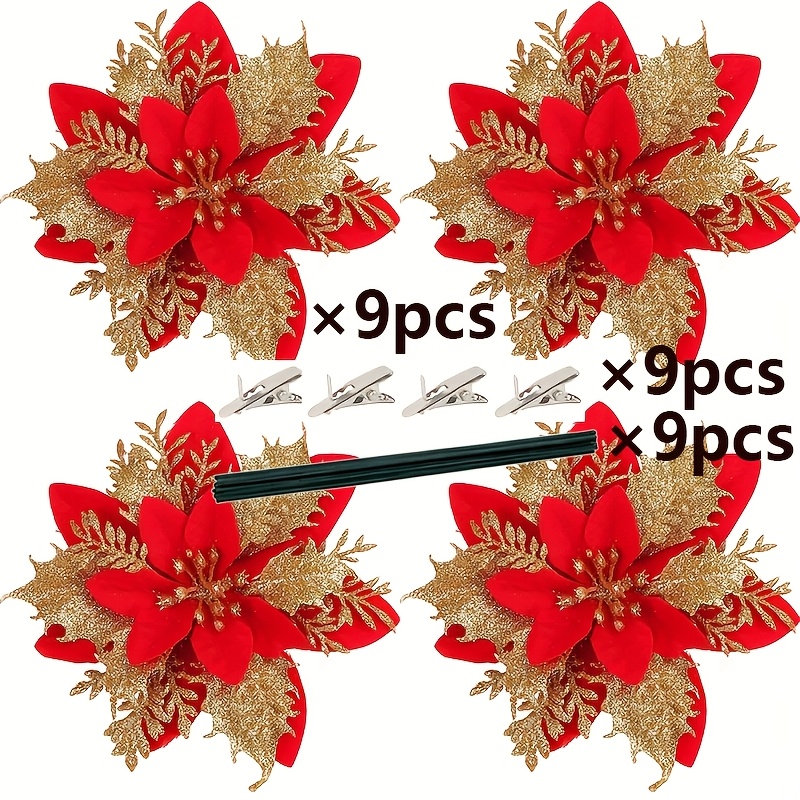 TEMU 27pcs Set Of Sparkling Christmas Star Flower Ornaments Artificial Flower Bouquet With Clips And Artificial Branches Christmas Tree Wreath