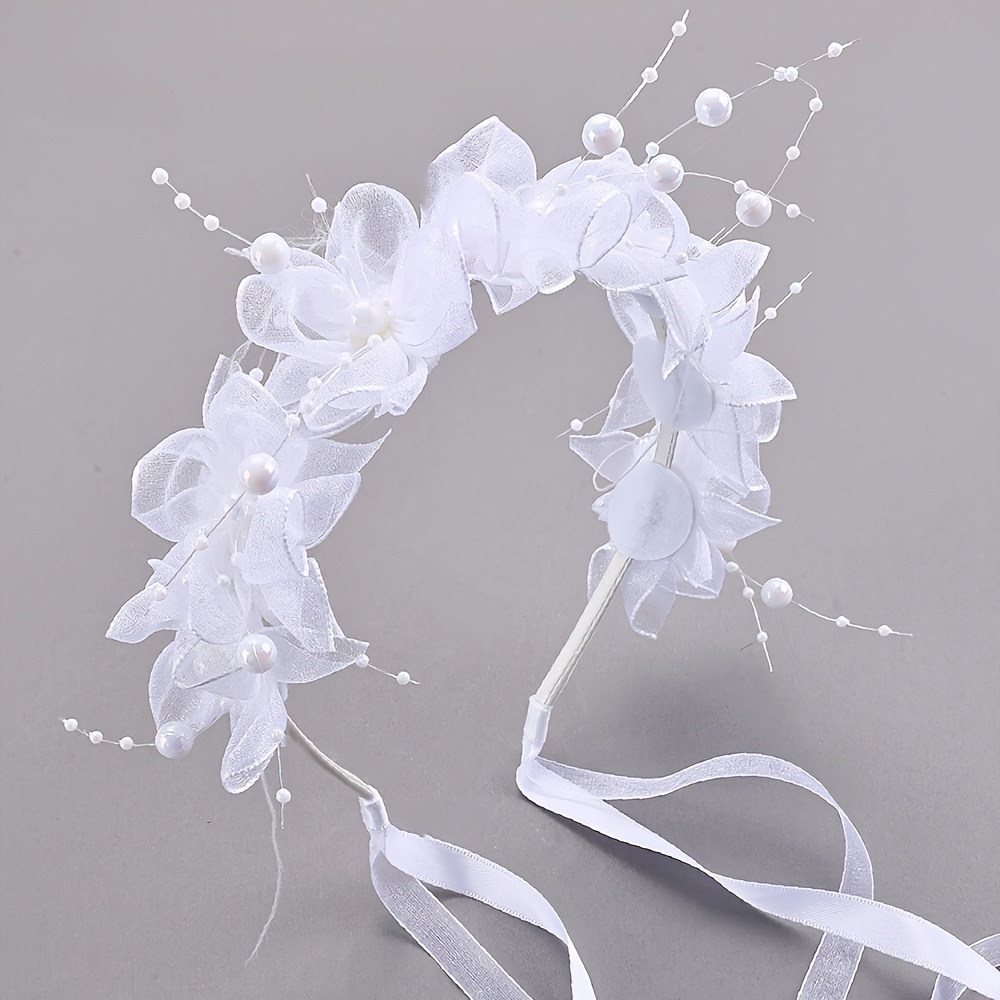 Image of 1pc White For Id Al-adjha Flower Hairpiece White Tulle Flower Decor Hair Hoop For Fairy Headband Hair Accessory For Pigtail Headband