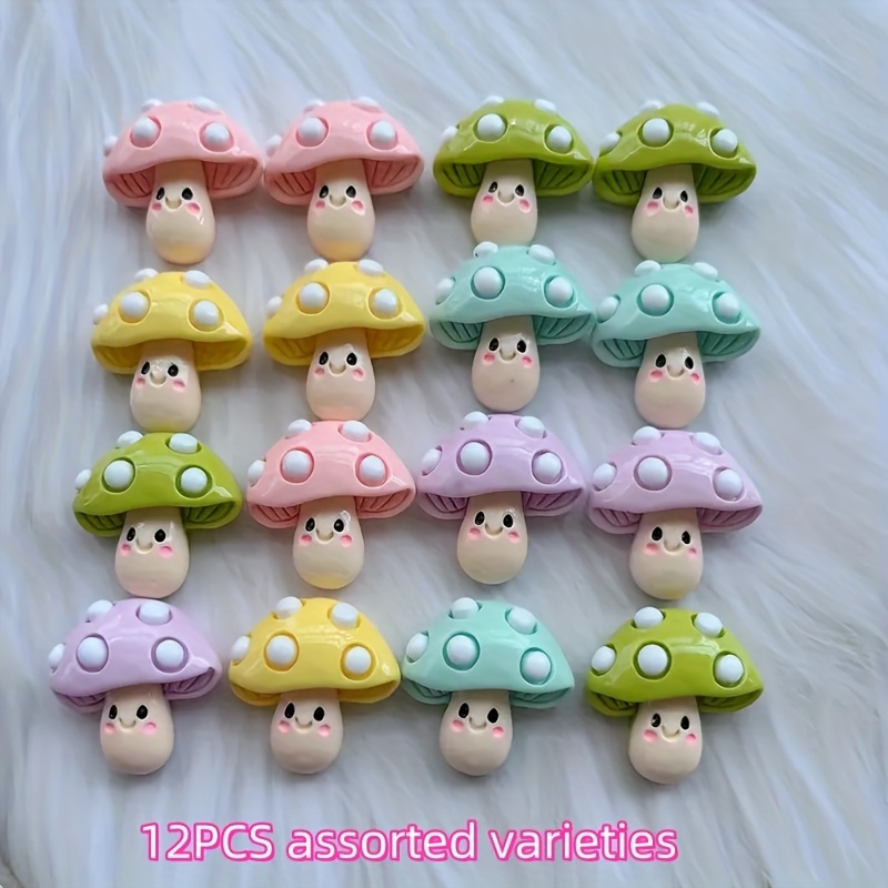 Image of 12pcs Random Mixed Color Mushroom Resin Decorations - Suitable For Diy Crafts, Phone Case Decoration, Hair Clip Embellishment, Jewelry , Bead Assortments