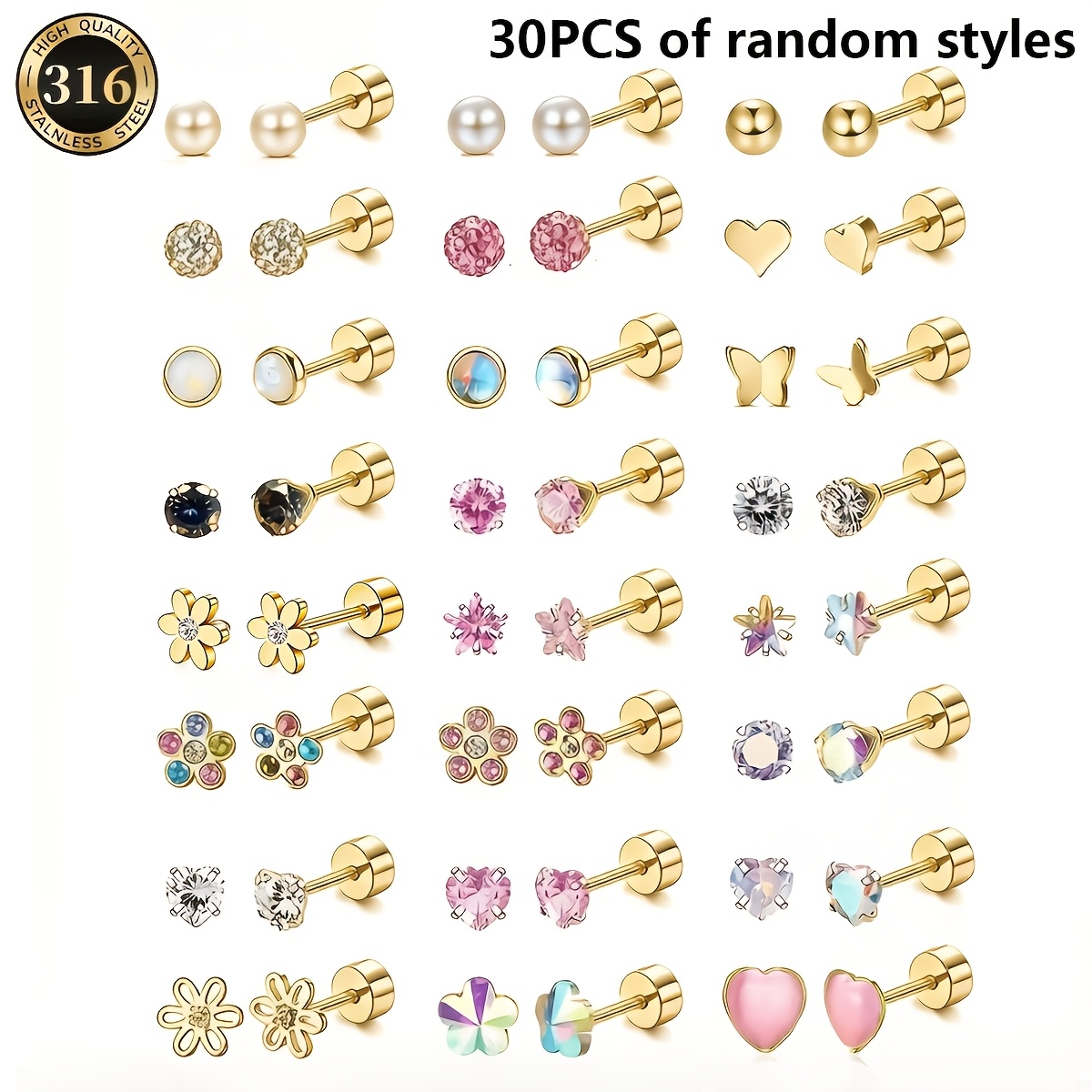 TEMU /Verano 30 piezas/Set (15 ) (Diseño aleatorio) Aretes de acero inoxidable dorado con , y flor incrustados con zirconias cúbicas sintéticas,