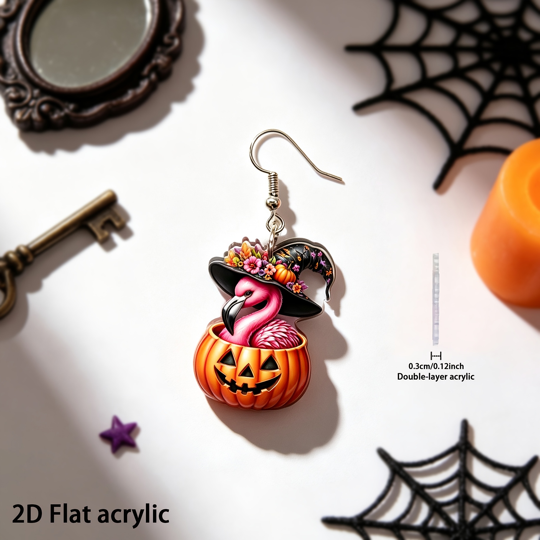 2D Flat Flamingo & Jack-o'-lantern Dangle Earrings, Retro Hippie Style