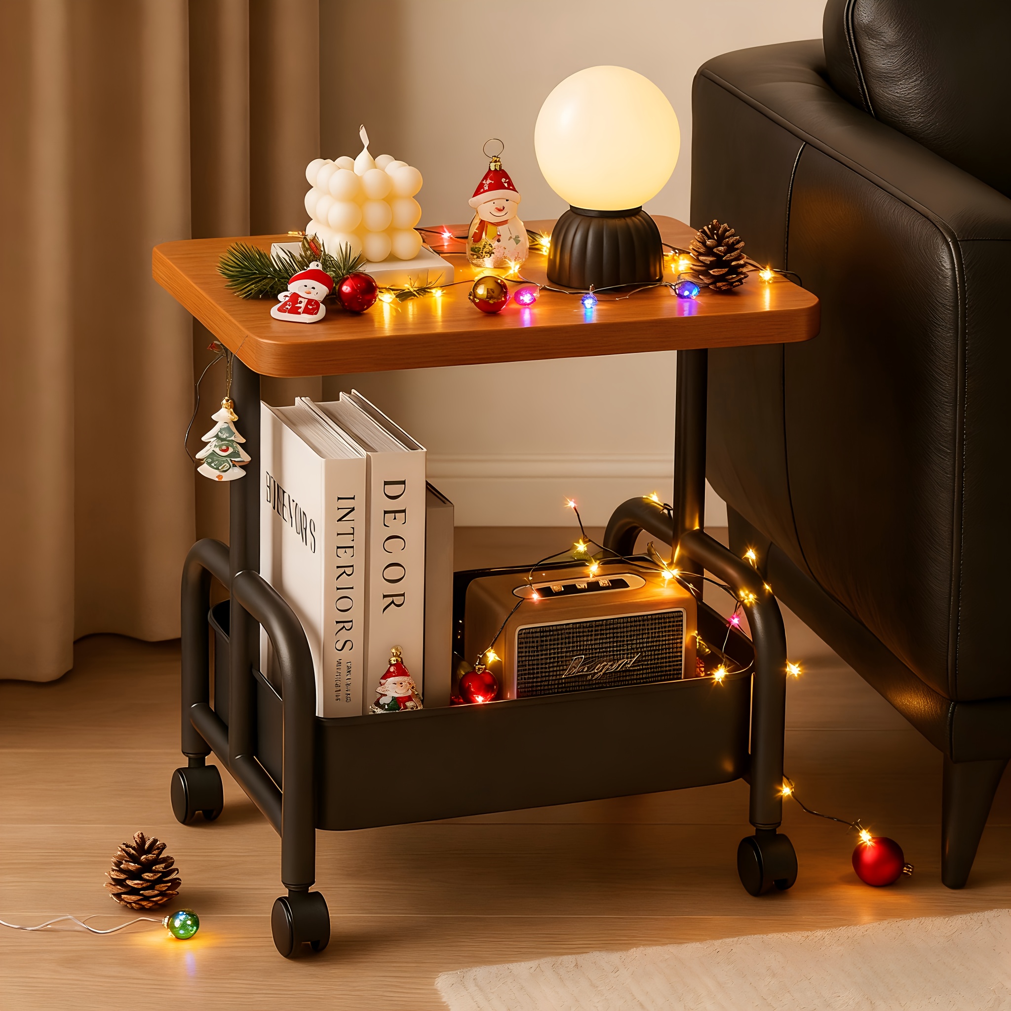 Sofa * Roller Table, Movable Storage Side Table Trolley, Walnut Metal Legs, Stable And Practical. A Movable Snack Storage Rack In * Of */living Room/bathroom * In Single Or Double Baskets