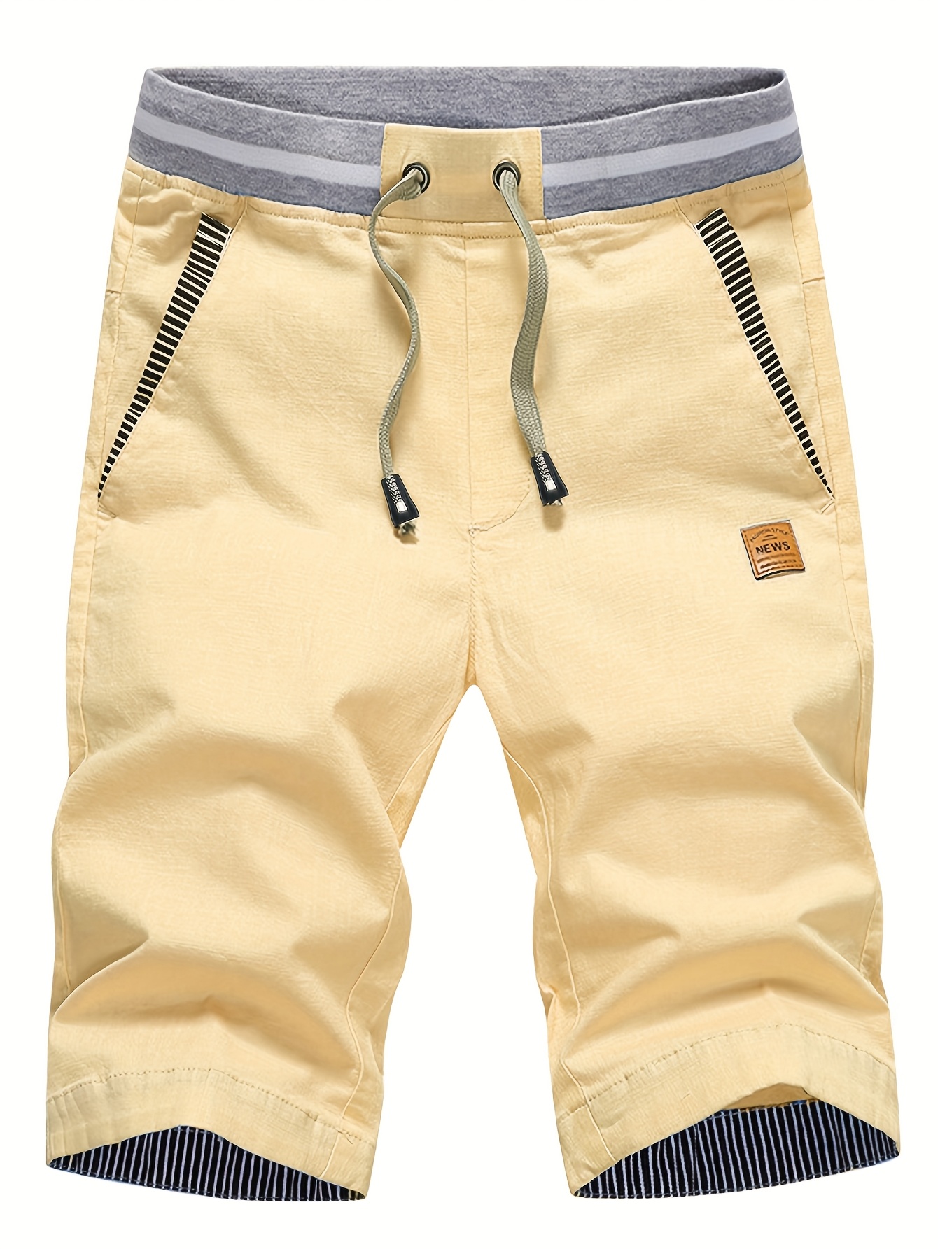 Men's 2-in-1 Look Spliced Casual Shorts with Drawstring Waist, Label Patch, Summer Short Straight-Leg Beach Casual Sport Daily Knee-Length Pants