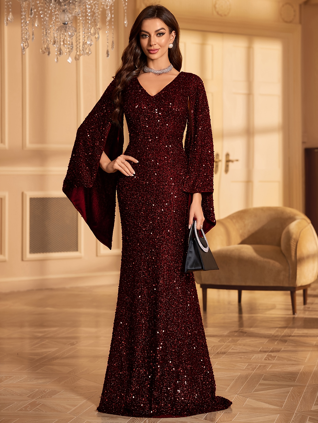 chinese dress ladies Mac Duggal - Red Sequined Wrap Over Bishop Sleeve Gown