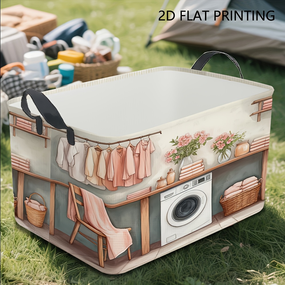 TEMU 1pc Foldable Laundry Hamper Basket With Laundry Icons (washing Machine, Dryer) - Space- Collapsible Clothes Organizer, Portable Rectangular
