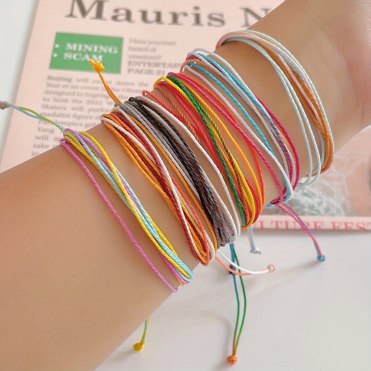 TEMU 6pcs Bohemian Style Hand-woven Bracelets - Colorful Waterproof Wax Cord, Adjustable Friendship Bracelets For Women, Perfect For Summer, Beach