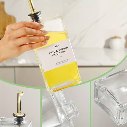 2 4pcs square glass olive oil dispenser bottles with golden spout silicone funnel 500ml bpa essentials for oil vinegar cooking salad dressings label stickers oil dispenser for kitchen sleek bottle style transparent storage